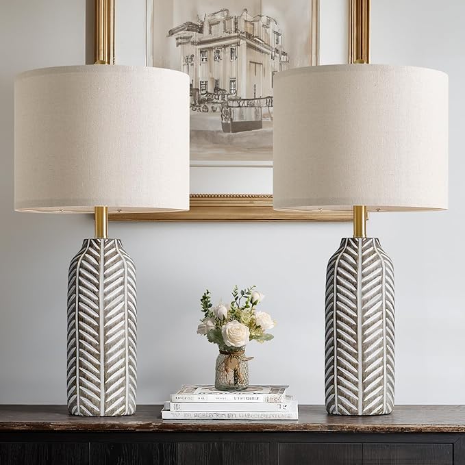 BOBOMOMO 26" Retro Farmhouse Lamps Set of 2 - Vintage Leaf Design, Living Room Lamps with Linen Shades, Rustic Resin Lamp for Bedroom, Living Room, Nightstand, Entryway, Nursery, Wood Grain