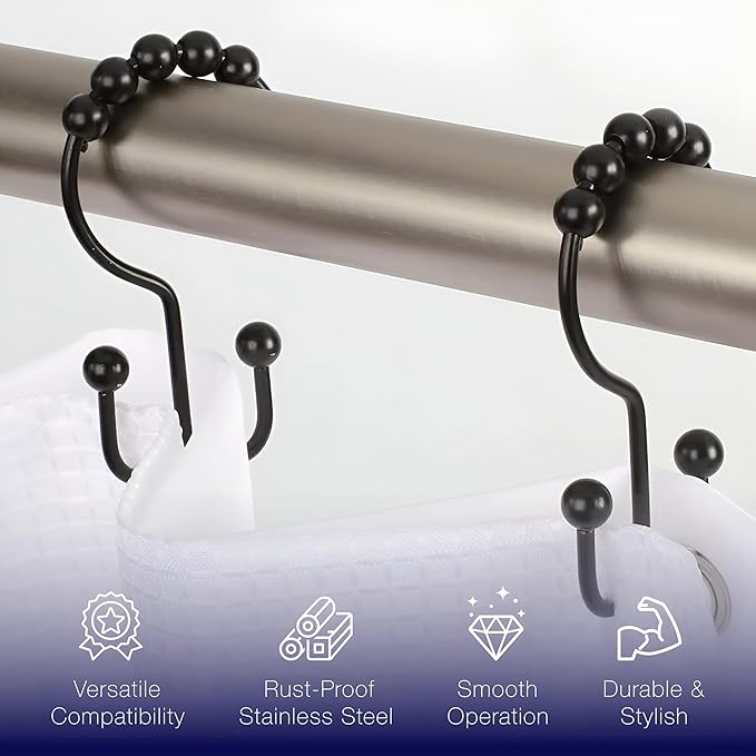 2lbDepot Double Shower Curtain Hooks Rings (Matte Black Decorative Finish) Premium Rust Resistant Stainless Steel Metal Hook, Roller Balls Glide on Shower Rods, Set of 12 Pieces