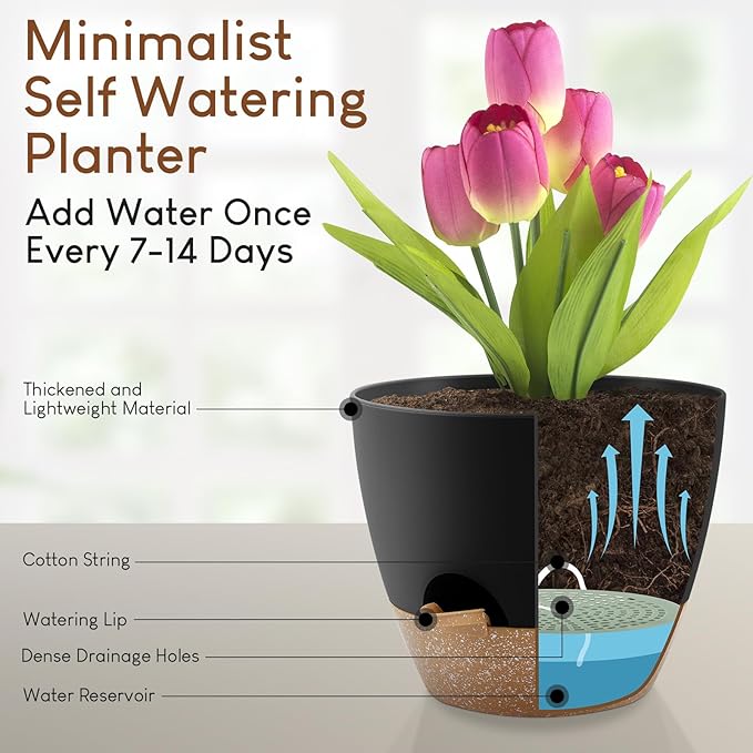 Plant Pots 10/9/8/7.5/7 inch, Self Watering Planters with Drainage Holes & Saucers for Indoor and Outdoor Plants (Black)
