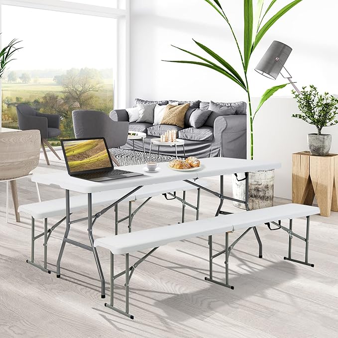 S AFSTAR 3 PCS Folding Table and Benches, 6Ft Camping Table & 2-Pack Folding Chairs with Carry Handles, Indoor Outdoor Rectangle Folding Desk & Long Chairs for Picnic Party Camping BBQ, Assembly-Free