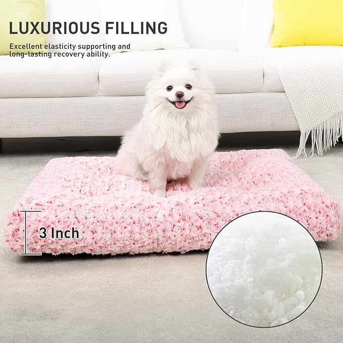 KSIIA Washable Dog Bed Deluxe Plush Dog Crate Beds Comfy Kennel Pad Anti-Slip Pet Sleeping Mat for Large, Jumbo, Medium, Small Dogs Breeds, 29" x 21", Pink
