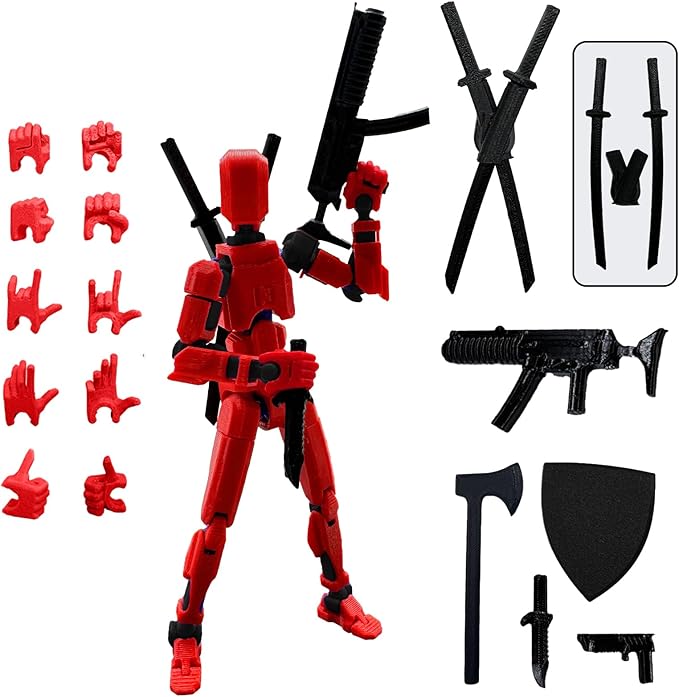 (Assembly Completed) 3D Printed Figure 5.54-inch Dummy13 with Weapon Expansion Set, Full Body Mechanical Movable Toy, Desk Decoration. (Bright Red)
