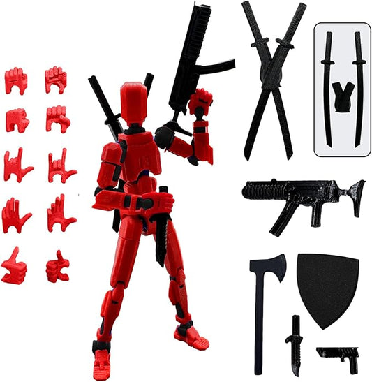 (Assembly Completed) 3D Printed Figure 5.54-inch Dummy13 with Weapon Expansion Set, Full Body Mechanical Movable Toy, Desk Decoration. (Bright Red)