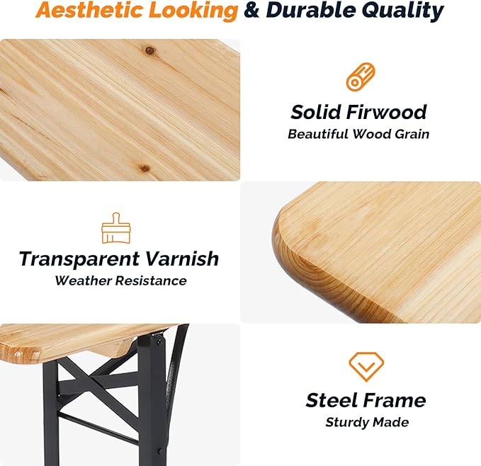 VINGLI 70 Inch Folding Picnic Tables with Benches Set, Weather-Resistant Wooden Beer Garden Table Bench, 3-Piece Portable Fold Up Camping BBQ Table w/Carrying Handles