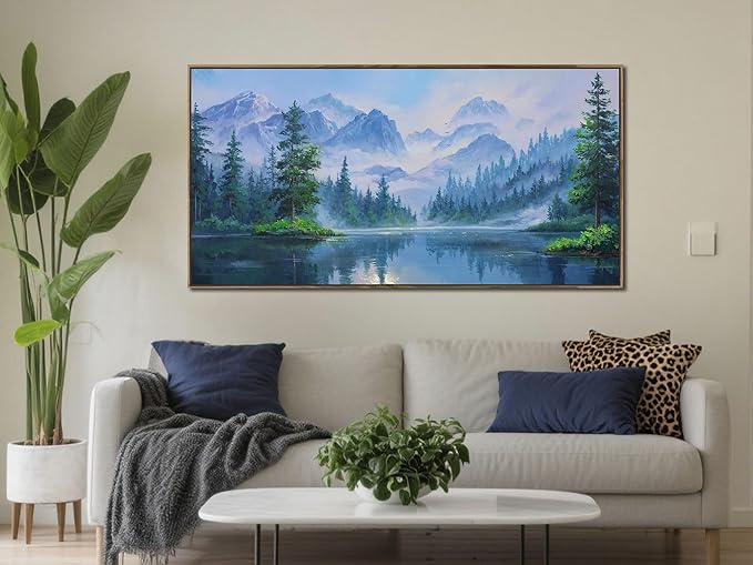 Ardemy Large Landscape Canvas Wall Art for Living Room Framed Lake Teal Pictures Bedroom Wall Decor Textured Misty Forest Scenery Paintings Artwork for Walls Home Office,40"x20"