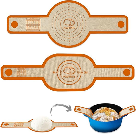 Silicone Bread Sling Dutch Oven Liner, Non-Stick & Easy Clean Reusable Oval and Round Silicone Bread Baking Mat with Long Handles, Easy to Transfer Sourdough Bread - 2 Orange Set