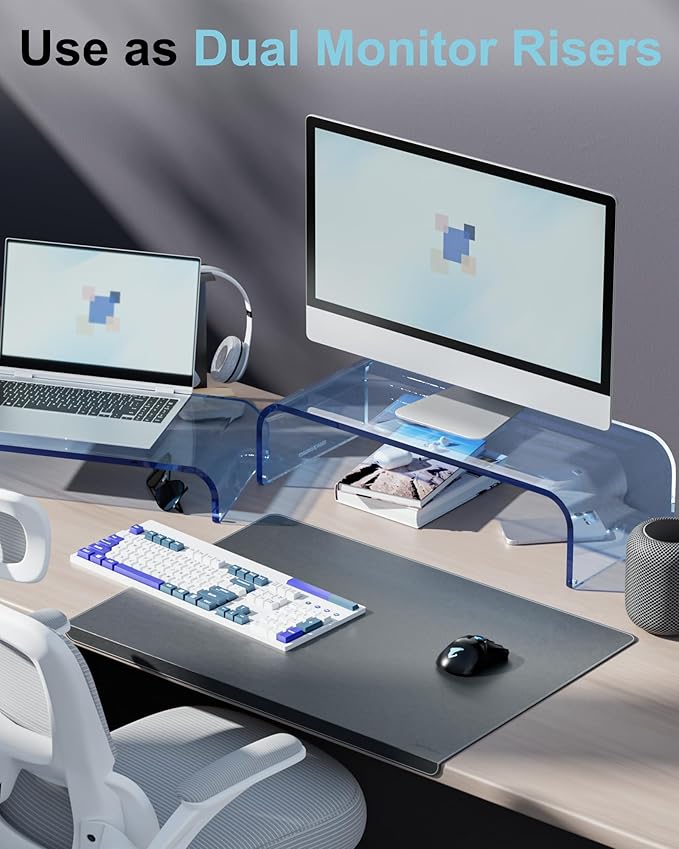 Acrylic Dual Monitor Stand Riser 2 Tier, Modular Laptop Stand for Desk, Multifunctional Desktop Organizer Shelf for PC, iMac, Printer, Detachable Monitor Stand for Office or Home, Blue