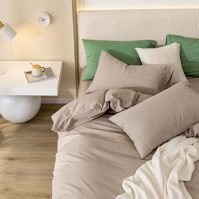 JIYUAN 100% Washed Cotton Duvet Cover Set Comfy Simple Style Soft Breathable Textured Durable Linen Feel Bedding for All Seasons King, Taupey