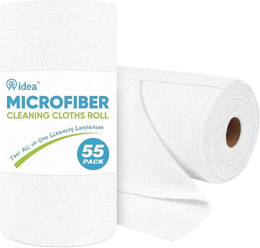 AIDEA Microfiber Cleaning Cloth Roll, White Shop Towels 55 Sheets Washable, Microfiber Towels for Cars, White Rags Reusable Paper Towel for Automotive, Workshop, House, Kitchen, Cleaning Supplies11×9"