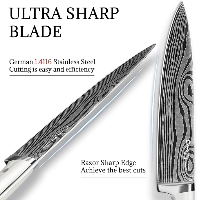 Knife Set, Emojoy 18-Pieces Kitchen Knife Set With Wooden Block, German Stainless Steel Knife Block Set With Built-In Sharpener, Professional Sharp Knives Set for Kitchen,White