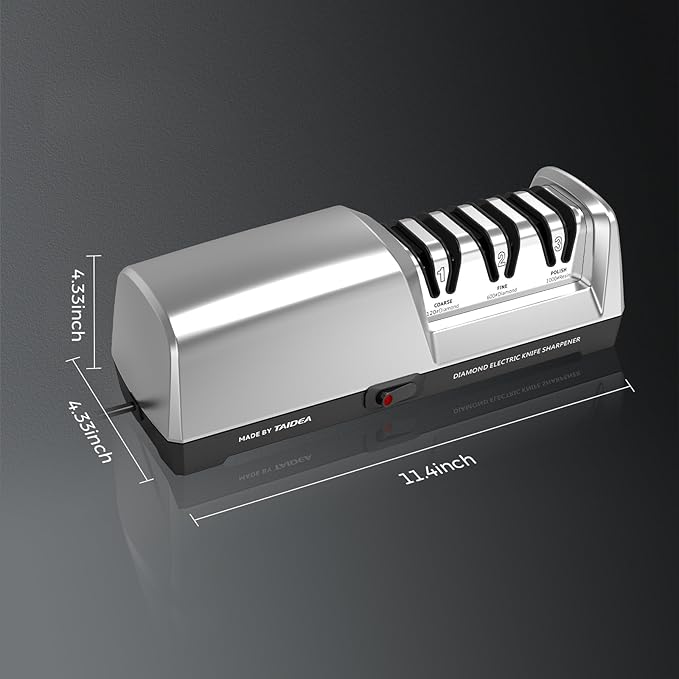 Electric Knife Sharpener, 3-Stage with 100% Diamond Abrasives and Precision Angle Guides, Kitchen Knife Sharpener with Sharpening and Polishing Function