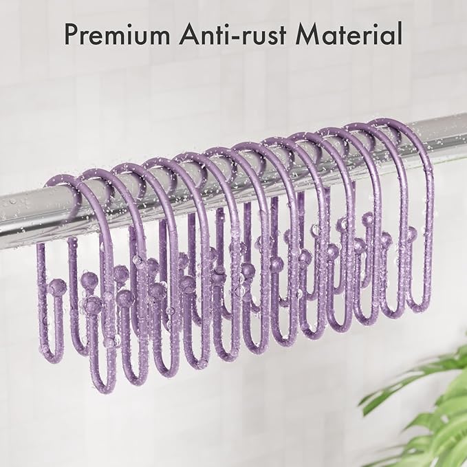 AmazerBath Shower Curtain Hooks, Purple Double Shower Curtain Hooks Rust Proof Non-Slip Shower Hooks for Shower Curtain, Sturdy Shower Curtain Rings Metal Shower Hooks Ring Bathroom 12Pcs