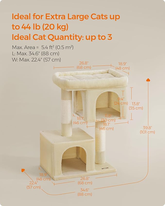 Feandrea Cat Tree, 39.8-Inch Cat Tower, XL, Cat Condo for Extra Large Cats up to 44 lb, Large Cat Perch, 2 Cat Caves, Scratching Post, Beige UPCT614M01