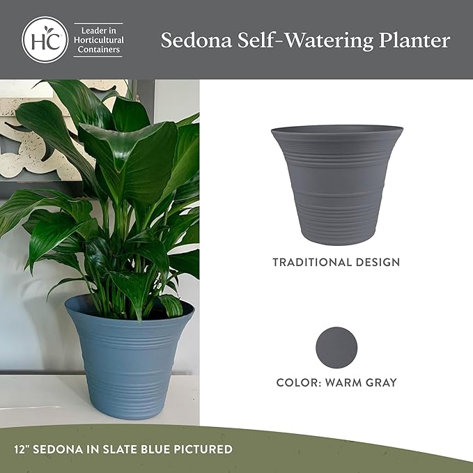 The HC Companies 7 Inch Sedona Round Self Watering Planter Pots, Lightweight UV-Resistant Plastic Outdoor Planters, 4-Pack Flower Pots for Garden & Home Decor, Warm Gray