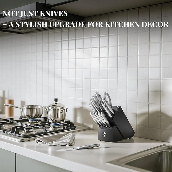 Knife Set Premium, Japanese 14 Pcs Kitchen Knife Block Set Enduring Razor Sharp High Carbon Stainless Steel, Black Chef Knives Set with Built-in Sharpener and Quality Acacia Wood Block