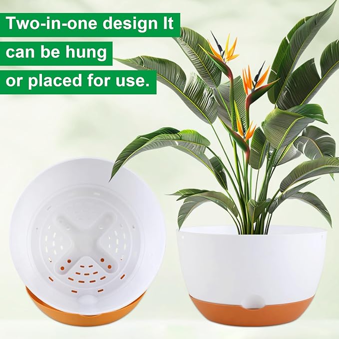 3 Pack Self Watering Planters for Plants Indoor,10 Inch Plant Pot Outdoor Plastic Flower Pot with Drainage and Saucers(White)