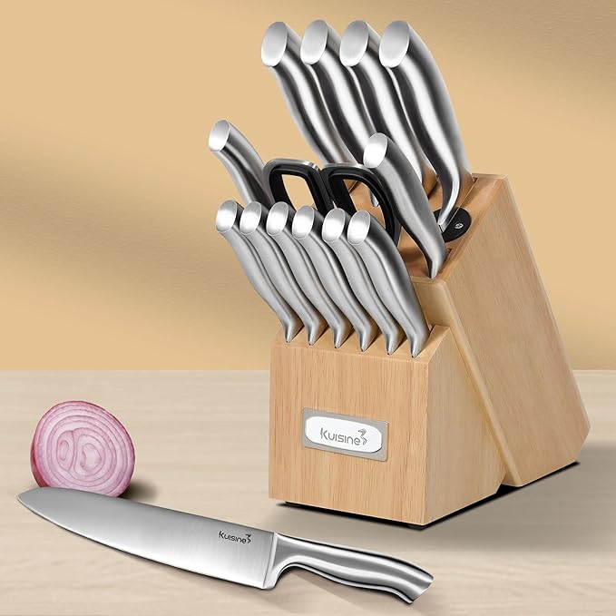 Kuisine Premium Sharp Knife Set Carbon Steel Forged,Ergonomic Handle Knife Block Set,Kitchen Block Knife Set,Chef Knife Set Built-in Sharpener(Silver Pro, 15PCS)