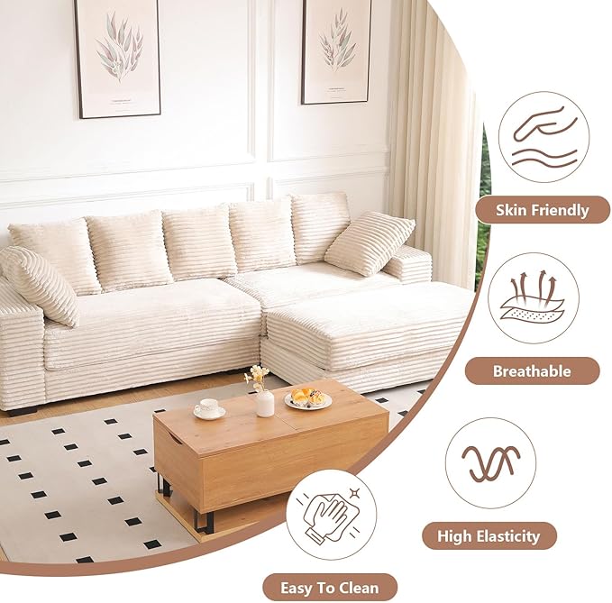 108" Oversized Sectional Sofa Modular Deep Seat Sofa Couch with Storage Ottoman, Modern Comfy Upholstered Cloud Couches, L-Shaped Corduroy Sofa Chaise with 8 Pillows for Living Room, Apartment, Beige