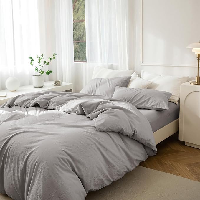JIYUAN 100% Washed Cotton Duvet Cover Set 3 Pieces King, 1 Duvet Cover 104x90 Inches(Comforter Not Included) and 2 Pillowcases,Linen Feel Bedding Set Comfy and Breathable, Heathered Pastel Grey