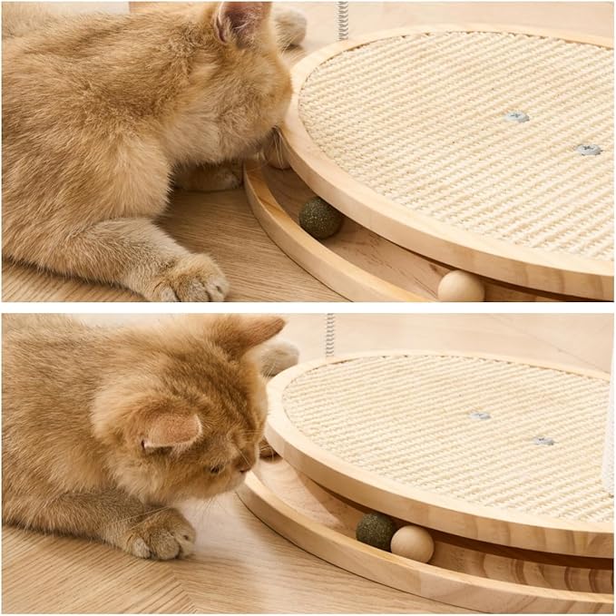 SHENGOCASE Cat Tree Scratching Post Scratcher, 26 Inch Tall, Solid Wood Base,Sisal Rope, Interactive Ball Track and Spinning Wand Feather Toys, Scratch Pad