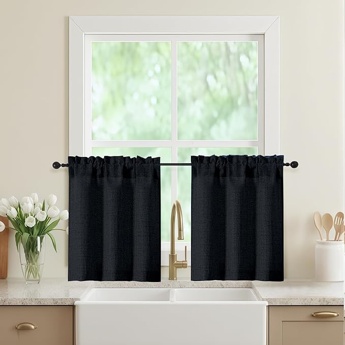 Black Kitchen Curtains 24 Inch Length 2 Panels, Light Filtering Faux Linen Textured Short Curtains Tier for Windows, Small Curtain for Cafe Cabinet Bathroom Basement RV Camper, 30Wx24L Inch