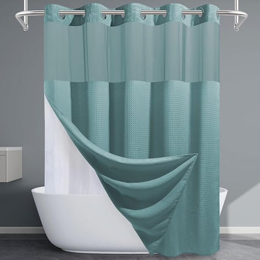 Teal Long No Hook Shower Curtain with Snap in Liner,230GSM Waffle Weave Shower Curtains for Bathroom,71W x 86H