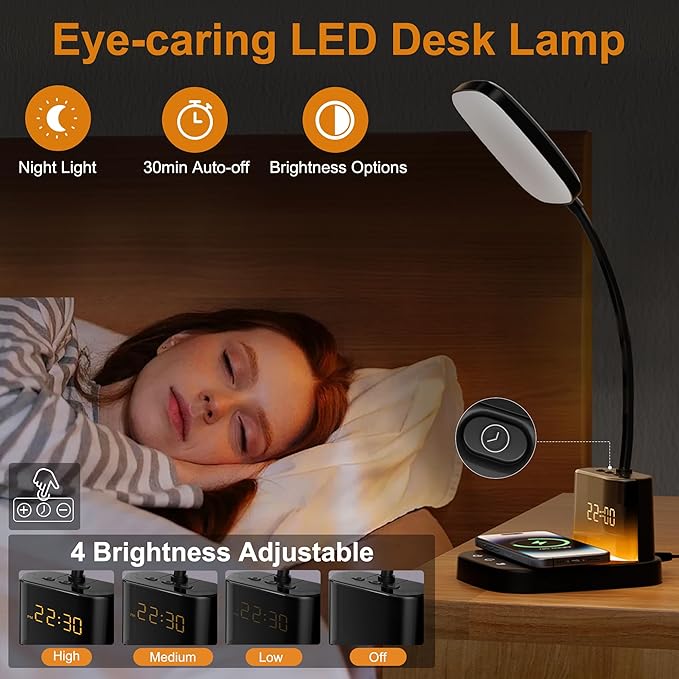 Sailstar Desk Lamp, Bedside Table Lamps with Wireless Charger and Clock, 30Mins Auto-Off Night Light Lamp, 3 Color Modes Dimmable Touch 800LM CRI 95, LED Desk Lamps for Home Office, Adapter Included