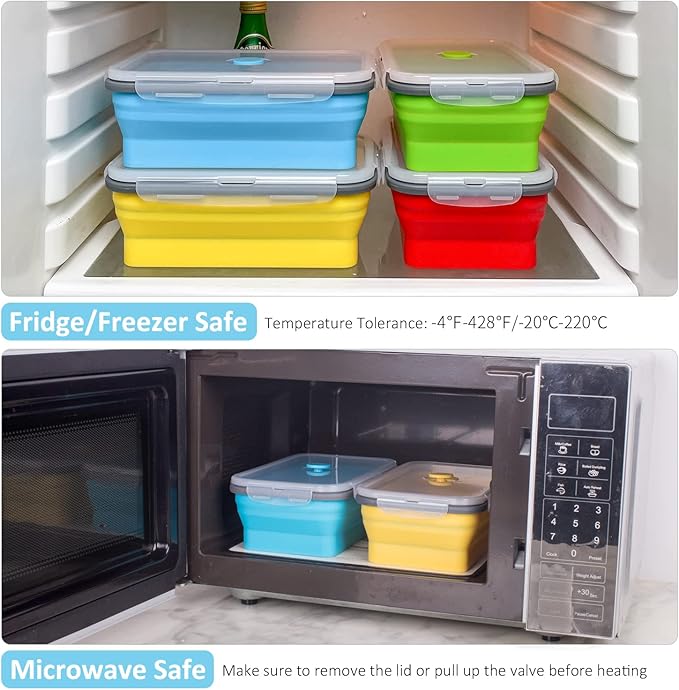 Collapsible Food Storage Containers with Airtight Lid, 40.5 oz, Large Kitchen Stacking Silicone Collapsible Meal Prep Container Set for Leftover, Microwave Freezer Dishwasher Safe, 4 Colors, Set of 4