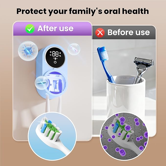 Toothbrush Holder and Cleaner Razor Holder/Dryer Light Cleaning and Air Drying Automatic Ratating Cover Rechargeable Wall Mounted for Bathroom Portable for Trip