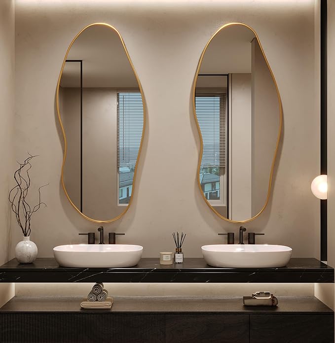 Wavy Wall Mirror -55''×24'' Irregular Wall Mirror Decorative Alloy Framed Mirrors Abstract Artistic Mirrors Wavy Mirror for Cloakroom/Bedroom/Living Room/Entryway（Gold）