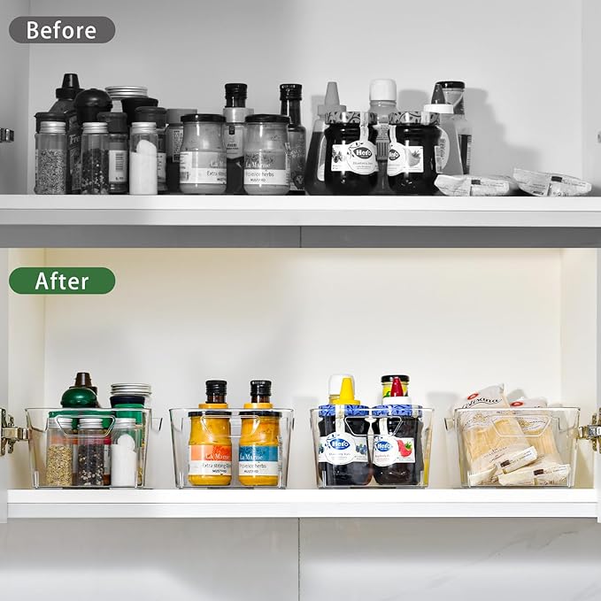 12 Pack Clear Plastic Storage Bins, Pantry Organizers and Storage, Clear Pantry Organizer Bins, Plastic Containers with Handle for Kitchen,Freezer,Cabinet,Closet,Bathroom Under Sink Storage