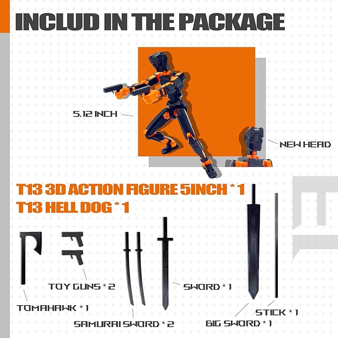 (Assembly Completed) T13 3D Action Figure Set,Dummy Robo Titan 13 Action Figures,3D Printed Multi-Jointed Toy (Black + Orange)
