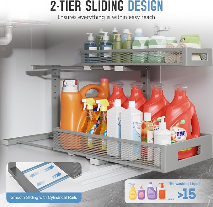 2 Pack 19IN Depth Under Sink Storage Organizer, Large 2-Tier Elegant Mesh Pull Out Shelf for Kitchen and Bathroom Cabinet Organization, L-Shaped and Adjustable Height Design-Gun Gray