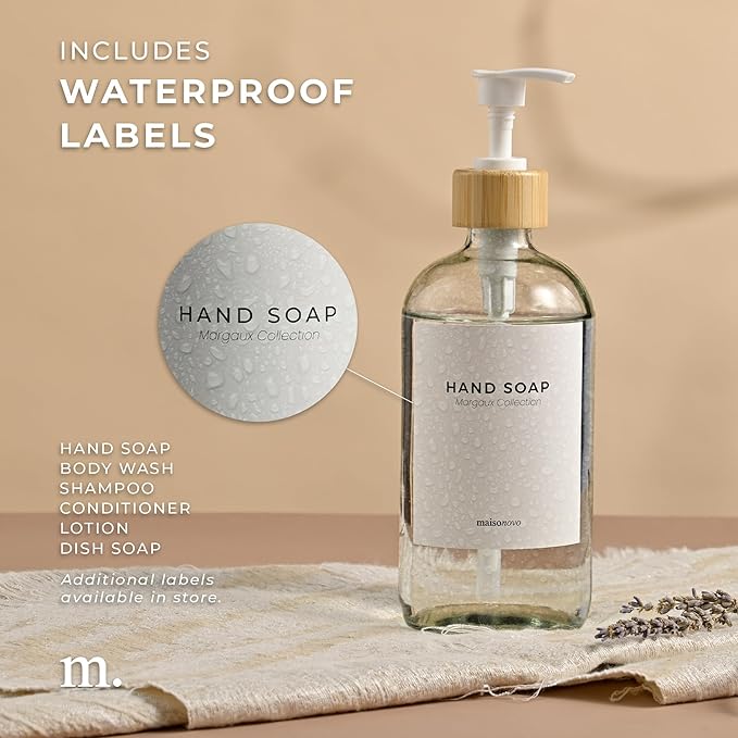 MaisoNovo Glass Hand Soap Dispenser | Dish Soap Dispenser for Kitchen | 16.9oz Clear Bottles with White Bamboo Pump | Bathroom Lotion Dispenser