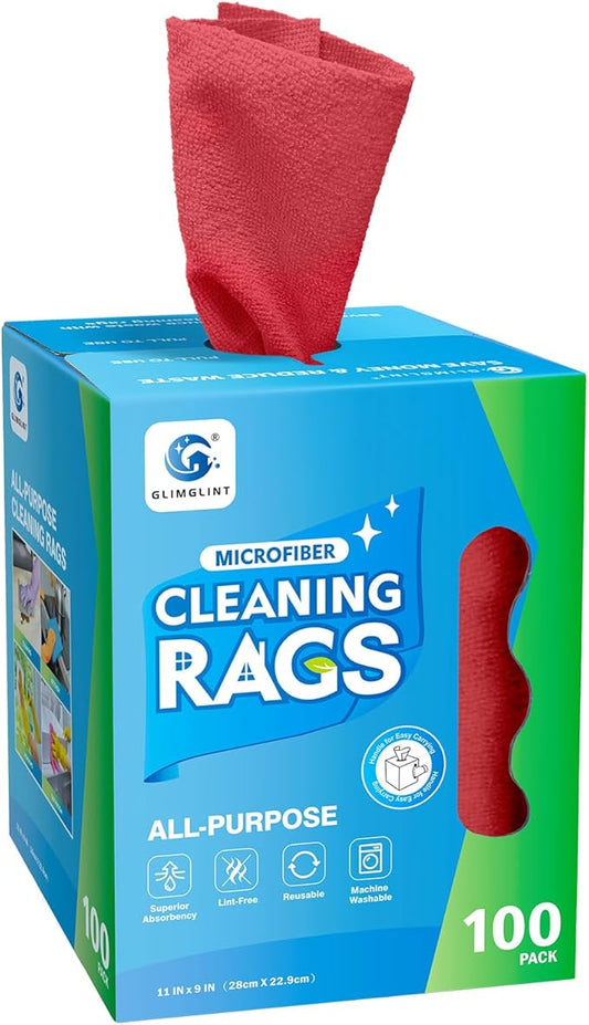 GLIMGLINT Microfiber Cleaning Cloth, 100 Pack Shop Towels, Lint-Free, Ultra Absorbent Reusable or Disposable Microfiber Cloths for Kitchen, Car, Cleaning Rags, 11" x 9", Red