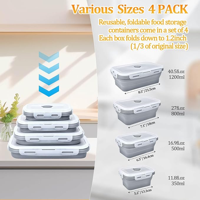 Collapsible Food Storage Containers with Lids, Silicone Meal Prep Containers BPA Free, Lunch Containers Collapsible Bowls Sets for Camping Storage Containers, Microwave Freezer Dishwasher Safe, Gray