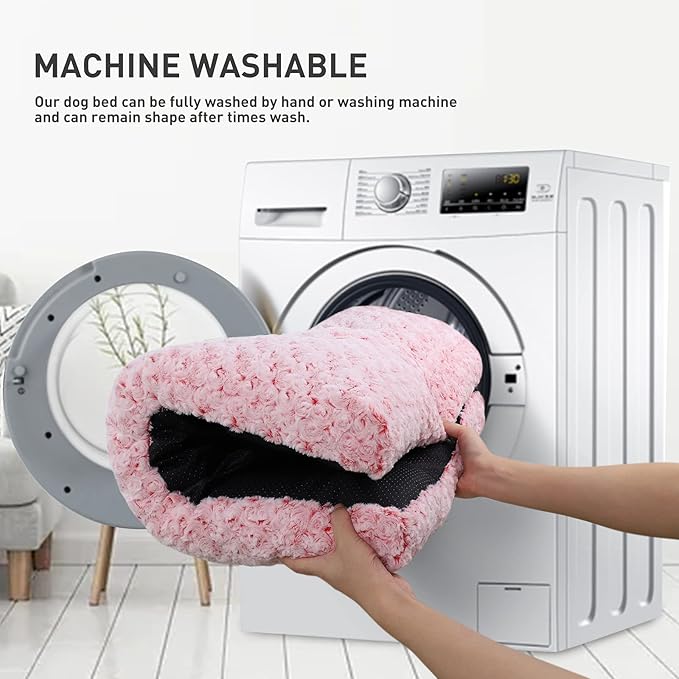 KSIIA Washable Dog Bed Deluxe Plush Dog Crate Beds Comfy Kennel Pad Anti-Slip Pet Sleeping Mat for Large, Jumbo, Medium, Small Dogs Breeds, 35" x 23", Pink