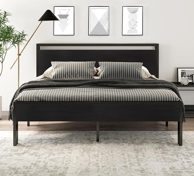 SHA CERLIN 14 Inch King Size Metal Platform Bed Frame with Wooden Headboard and Footboard, Mattress Foundation, No Box Spring Needed, Large Under Bed Storage,Black Oak