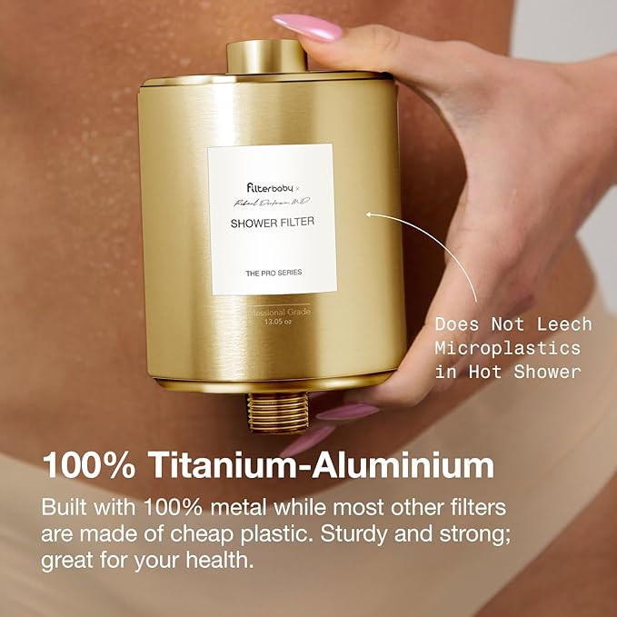 Filterbaby Pro Series Shower Filter,Doctor Developed,All-Metal Titanium Aluminum,Lab Tested to Reduce up to 99% Chlorine/Chloramine/Lead/Certain Heavy Metals, Great Water Pressure,Long Lasting,Gold