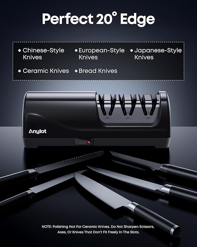 Electric Knife Sharpener for Kitchen Knives, 3-Stage Professional Knife Sharpening System with 100% Diamond Abrasives, 20° Precision Knife Sharpening Angle Guide, afilador de cuchillos electrico