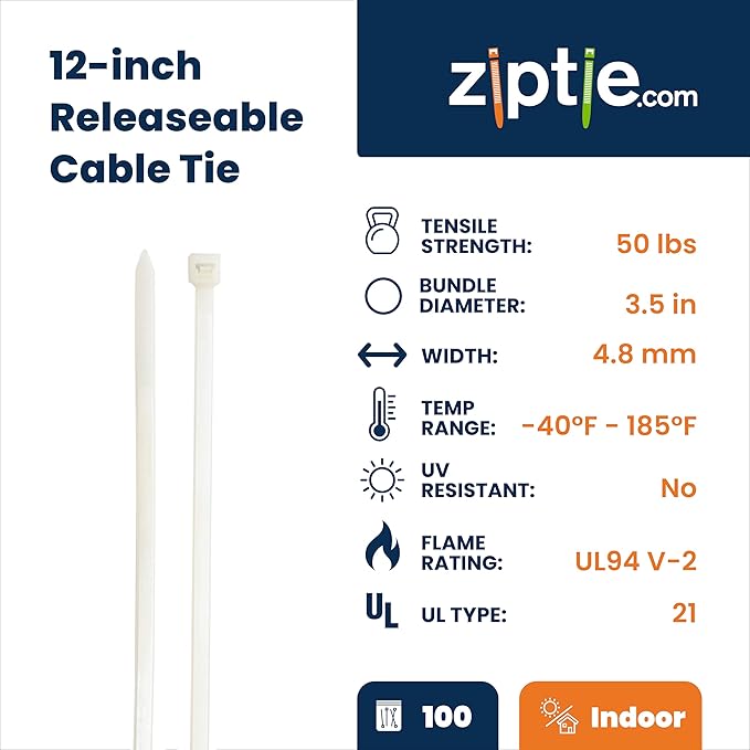 ZipTie.com 12-Inch Natural Releasable Pawl Zip Ties - 50-lb Tensile Strength Cord Management - UL Listed Reusable Cable Ties - UL 21 Listed, UV Resistant, Indoor & Outdoor Multi-Purpose (100-Pack)