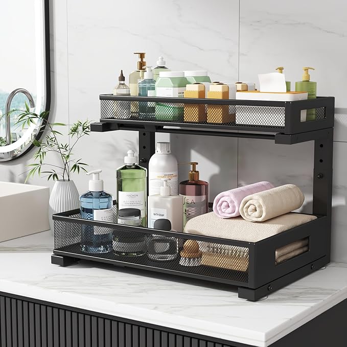 2 Pack 17IN Depth Under Sink Storage Organizer, Large 2-Tier Elegant Mesh Pull Out Shelf for Kitchen and Bathroom Cabinet Organization, L-Shaped and Adjustable Height Design-Black