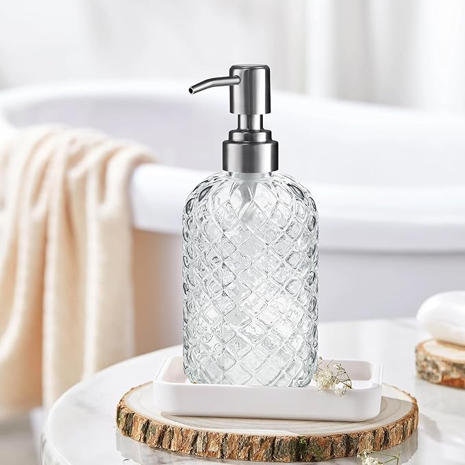 14 Oz Refillable Glass Soap Dispenser with Rust Proof Stainless Steel Pump, for Dispense Hand soap, Body wash, Lotion