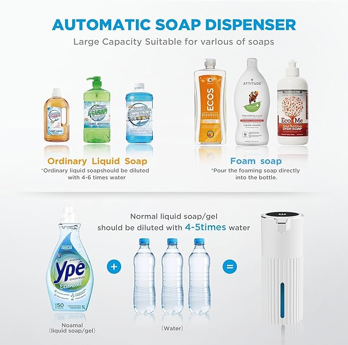 Automatic Soap Dispenser Foaming Touchless:14.2oz White Plastic - Rechargeable Electric Smart 4 Level Adjustable Auto Hand Soap Dispenser - Dish Bathroom Kitchen
