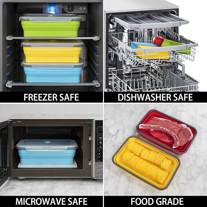 Extra Large Collapsible Food Storage Containers with Lid & Air Vent, 81 oz, 4 Pack, XXL Collapsible Marinade Container BBQ Prep Foldable Silicone Containers, Microwave Freezer Dishwasher Safe