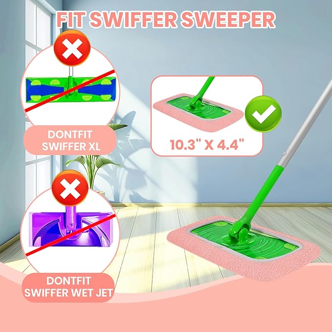 6 Pack Reusable Microfiber Mop Pads - Compatible with Sweeper, Reusable Mop Pads, Washable Dry Cloths & Wet Pads Refill for Hardwood Laminate Tile Floor Cleaning (Pink, M)