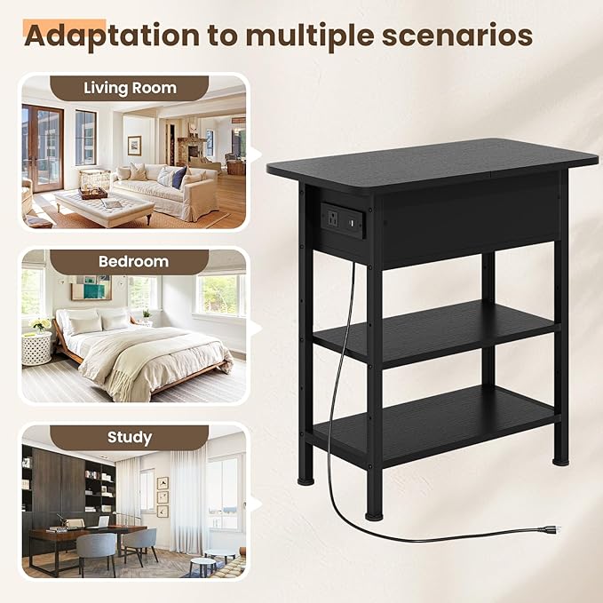 End Table with Charging Station, Flip Top Side Table with USB Ports and Outlets, 3-Tier Small Side Table with Storage for Small Space, End Tables for Living Room/Bedroom, Black