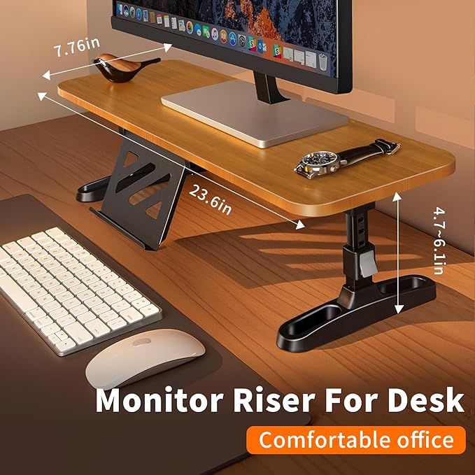 Wooden Monitor Stand Riser for Desk,Adjustable Height Monitor Shelf Riser with Phone Holder,Desk Storage Organizer Accessories,Wood Computer Screen Stands for Office,Home,Laptop,Printer,TV