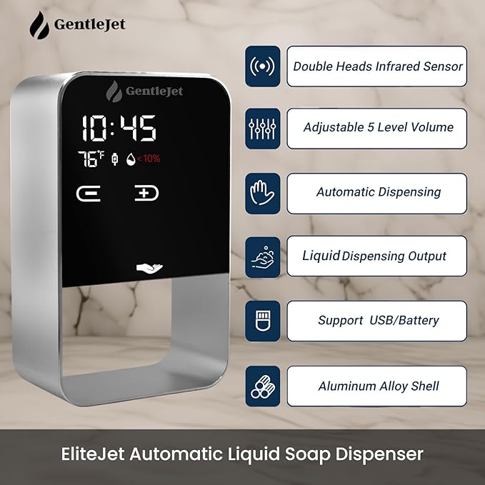 EliteJet Automatic Liquid Soap Dispenser Touchless - Wall Mount and Countertop with Dual Power (USB/Battery), LED Display, Aluminum Alloy Body, Kitchen and Bathroom Soap Dispenser for Hand