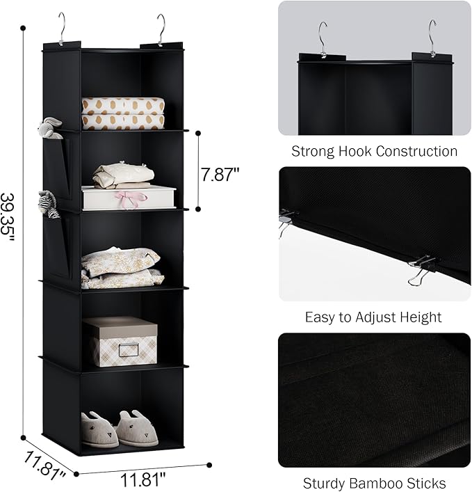 YOUDENOVA Hanging Closet Organizer, 5-Shelf Closet Hanging Storage Shelves, Black